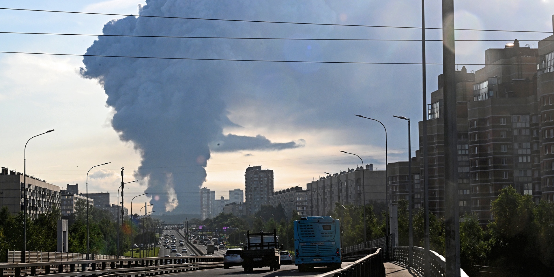 A large plume of smoke rises over St. Petersburg after Ukrainian drones struck Wildberries logistics facilities — Russia’s largest online retailer. (Photo: Anadolu via Getty Images)