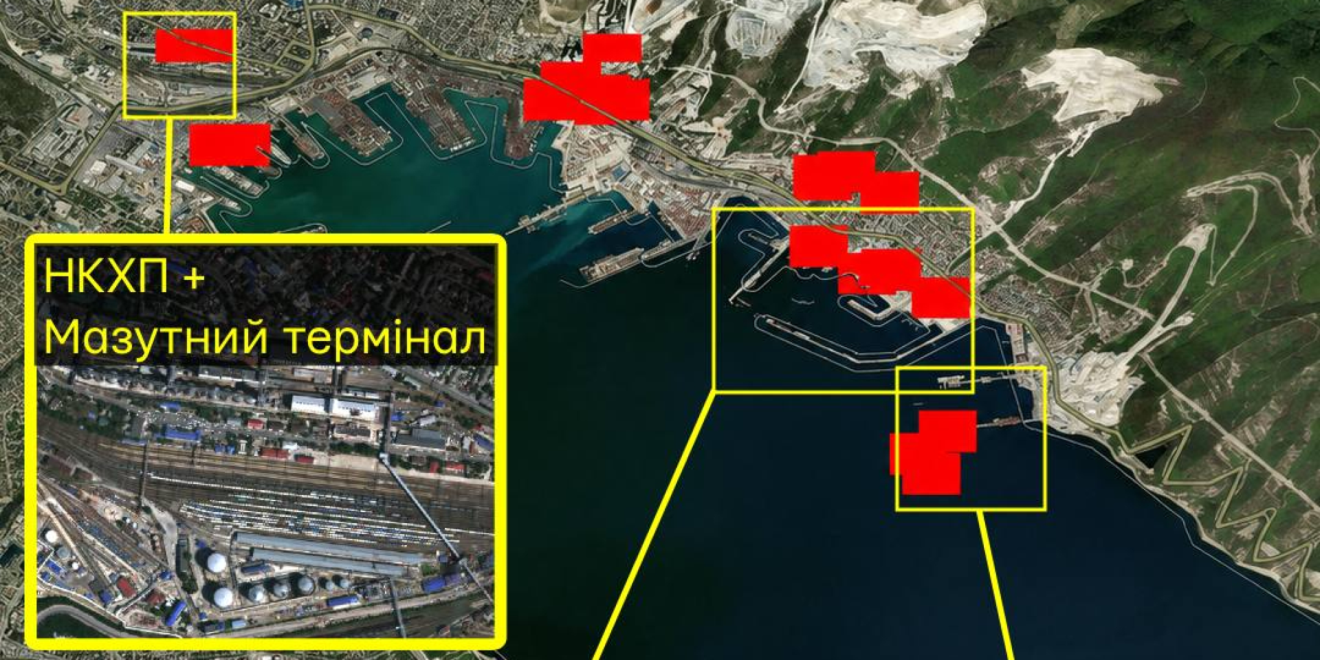 Силы обороны Украины поразили зерновой и мазутный терминалы НКХП, нефтеэкспортный терминал Шесхарис и объекты военно-морской базы РФ в Новороссийске (Фото: OSINT-проект КиберБорошно / Telegram)