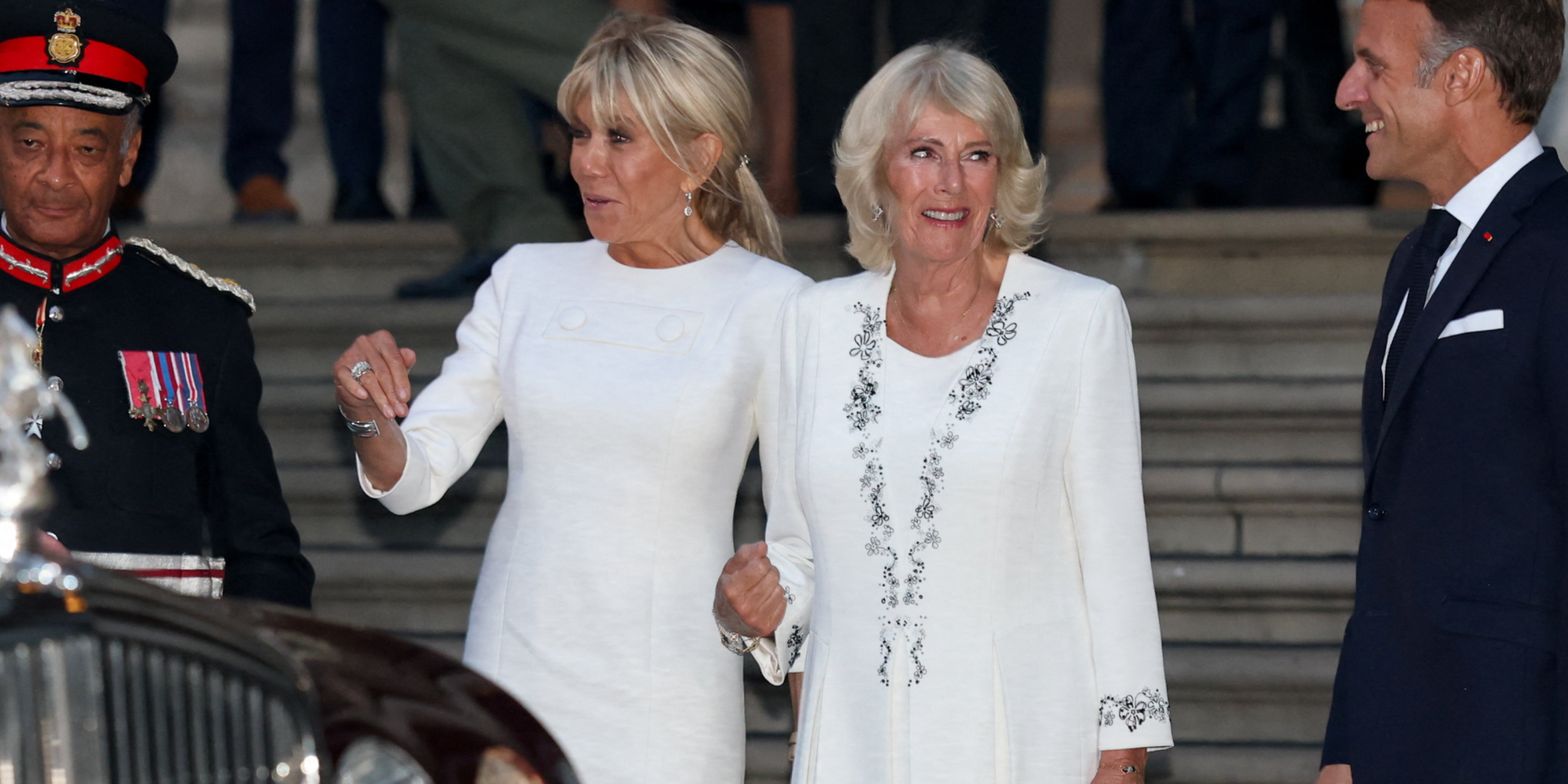 Brigitte Macron and Queen Camilla stepped out in white dresses (Photo: REUTERS/Isabel Infantes)