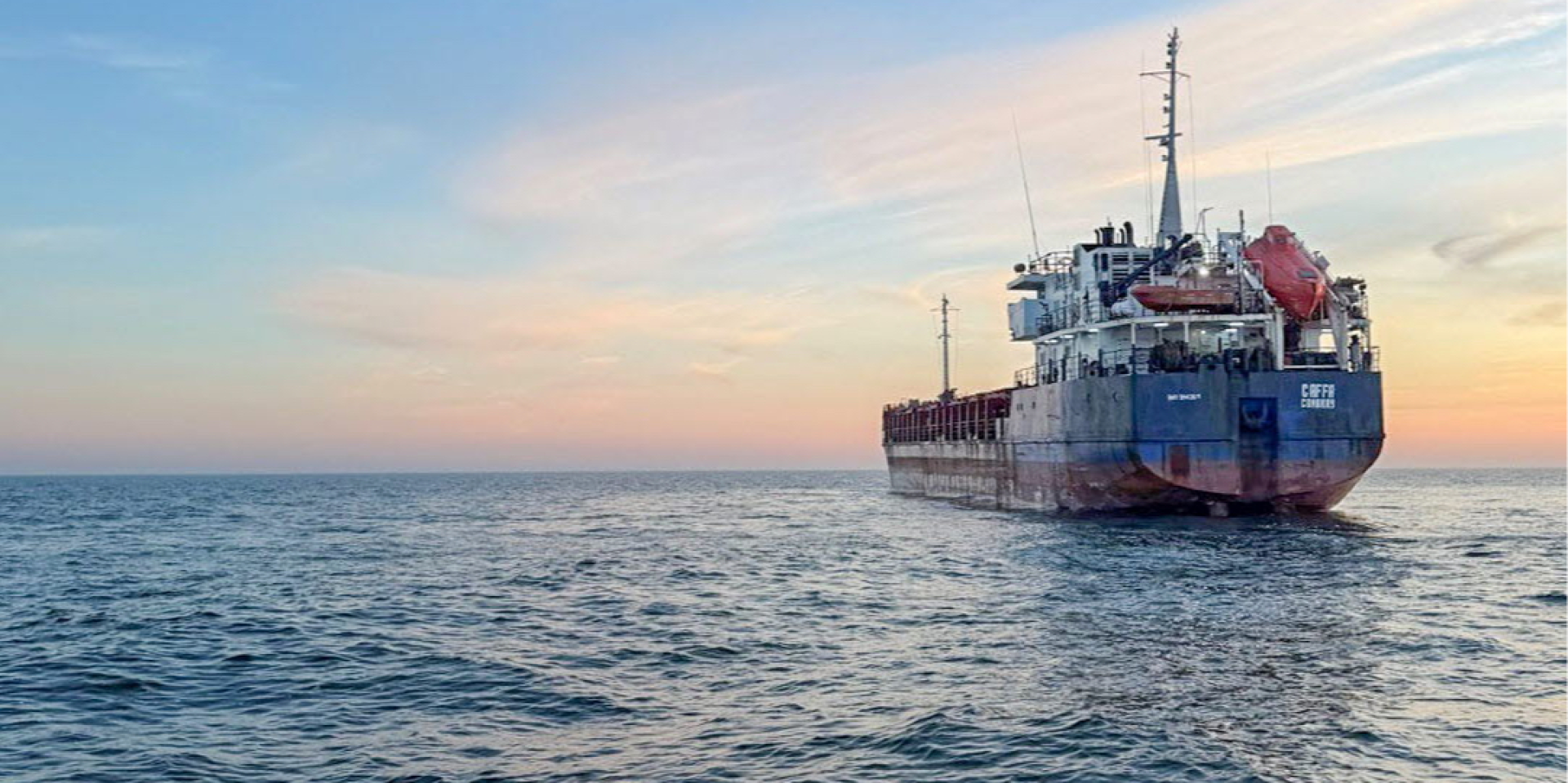 The cargo ship Caffa at anchor off Trelleborg, Sweden, after Swedish authorities took control of the vessel in March 2026 (Photo: Swedish Coast Guard)