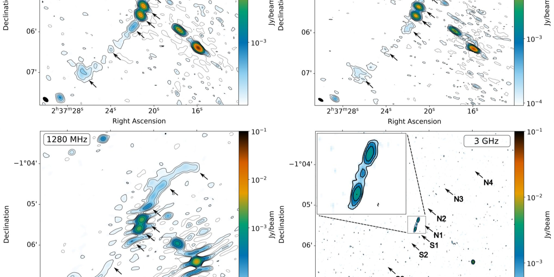 Многочастотные радиоизображения J023721.13−010528.5 (Фото: Pavan Vijay Khadekar et al.)