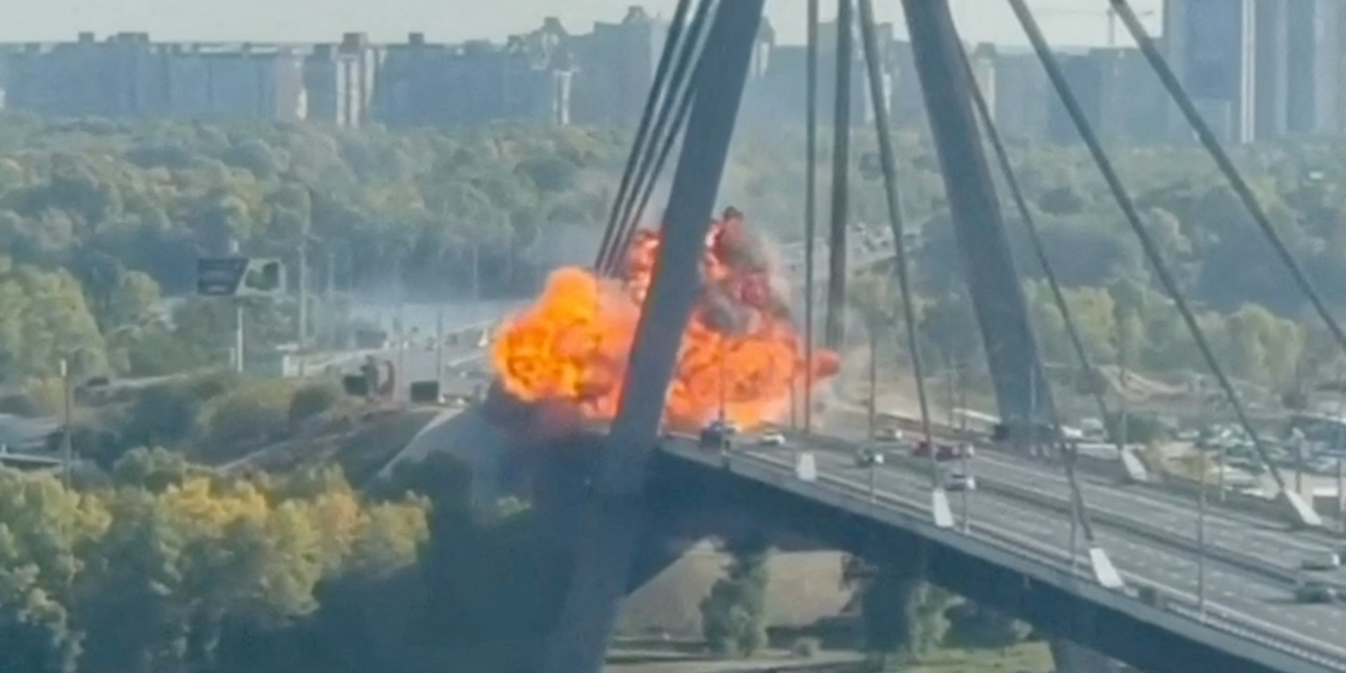 Russian drone strike on the Northern Bridge in Kyiv on October 4 (Photo: Social Media/via REUTERS)