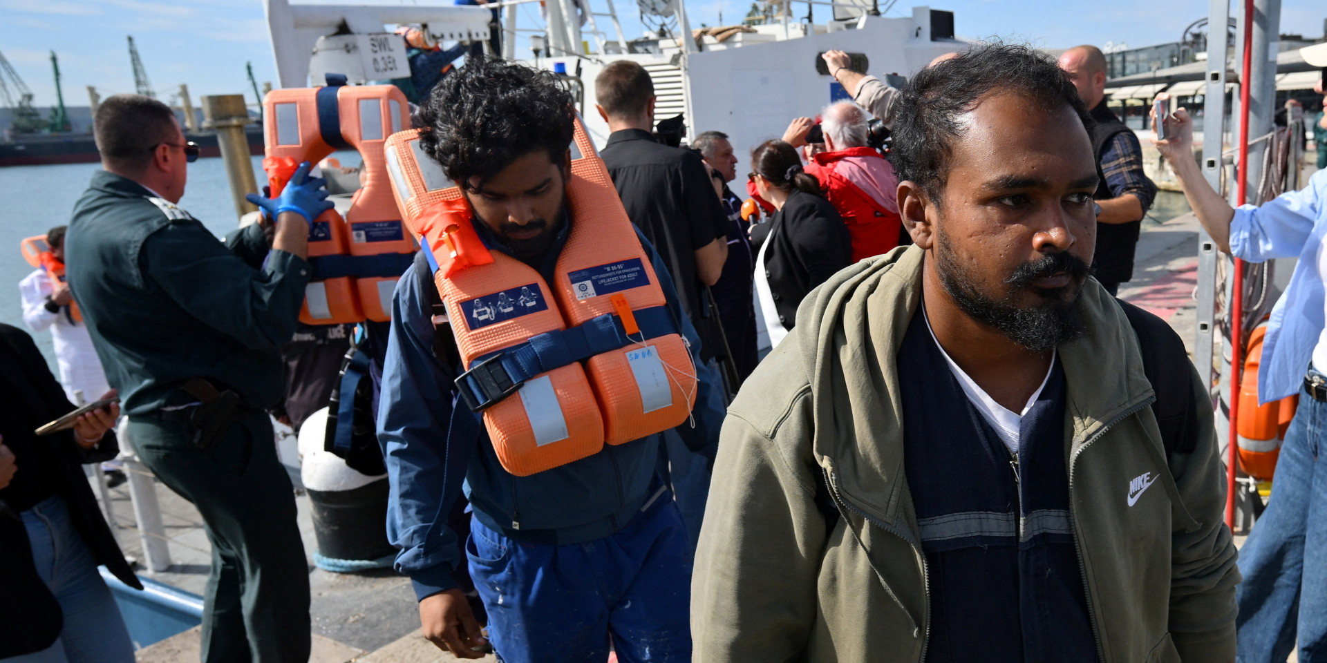 Crew members of one of the drone-attacked vessels disembark in Varna from a Bulgarian border police boat (Photo: REUTERS/Petko Momchilov)