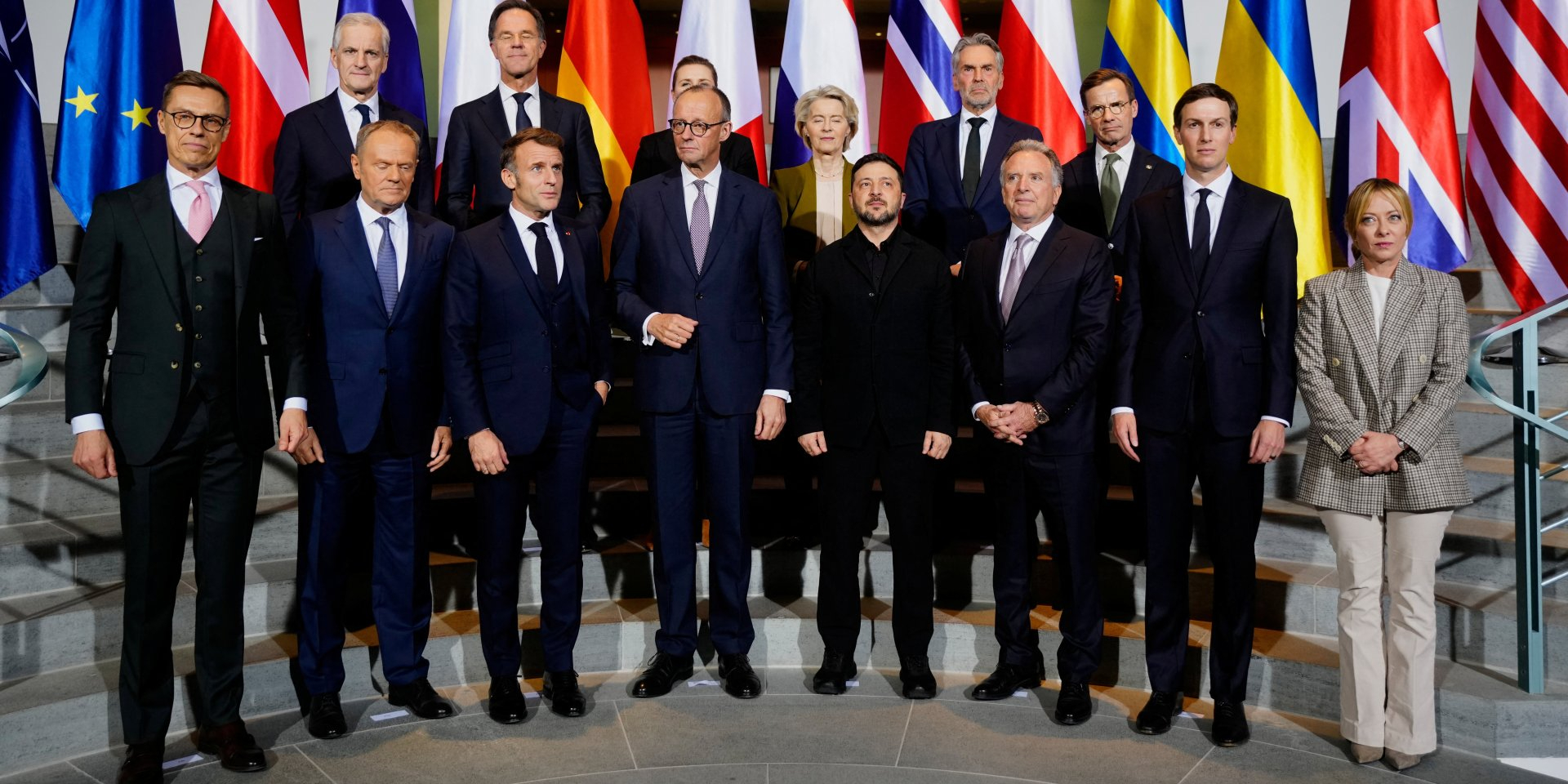 Meeting of President Volodymyr Zelenskyy with leaders of EU countries and the UK, heads of the European Commission, the European Council, and NATO, as well as US delegation leaders Steve Witkoff and Jared Kushner, December 15, 2025. (Photo: Markus Schreiber/Pool via REUTERS)