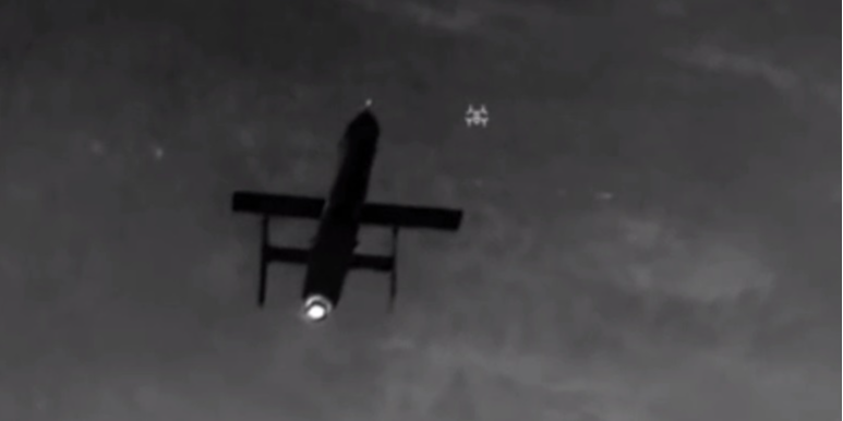 Russian Geran-5 jet-powered attack drone moments before being destroyed (Photo: Video screenshot / National Guard of Ukraine / Telegram)