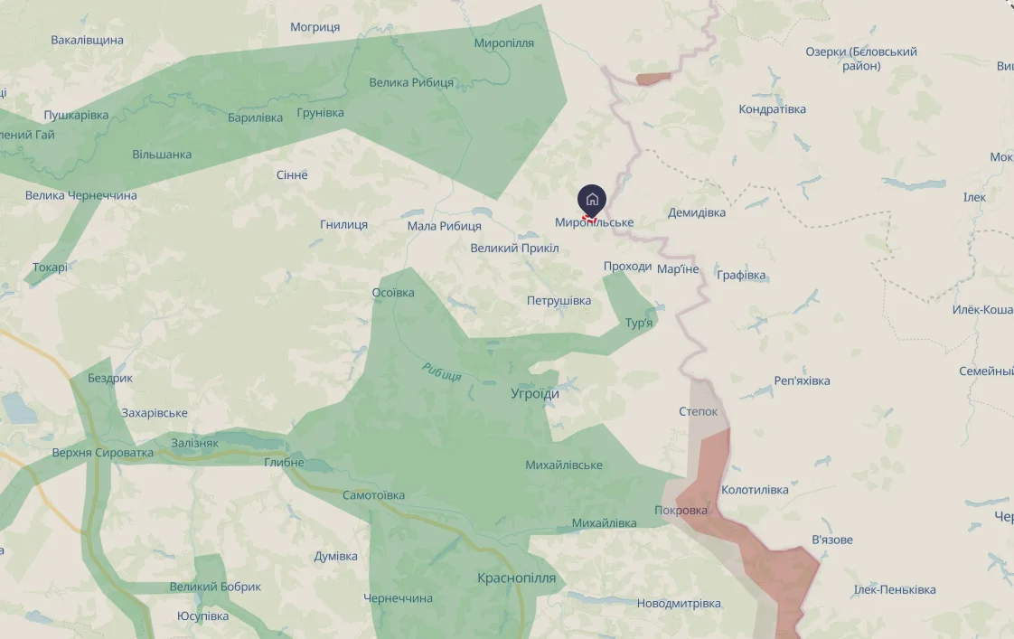 Миропільське Краснопільської громади Сумської області на карті DeepState (Фото: deepstatemap.live) qhiukiqrihxhab