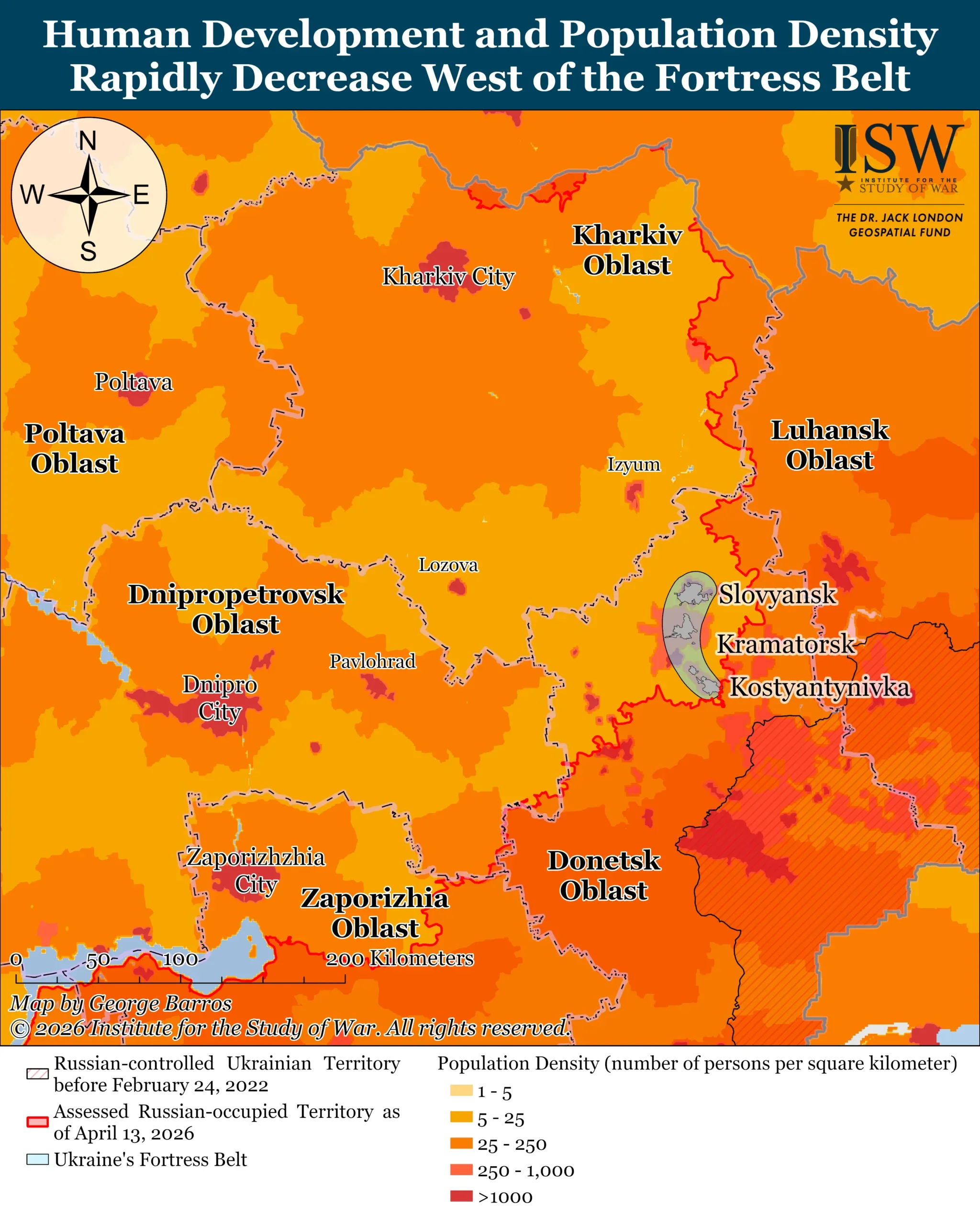 Donbas fortress cities on the map of population density in the Ukraine's East (Фото: ISW)