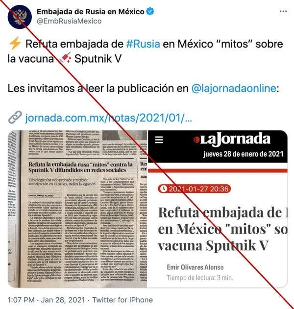 Манипуляционное сообщение разместило российское посольство в Мексике в своем Twitter (Фото: NYT)