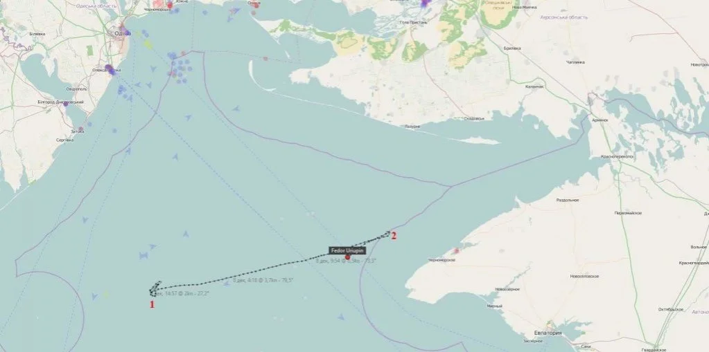 Трек буксира «Федор Урюпин» точка 1 - пункт отправки, точка 2- пункт назначения. Фото: informnapalm.org