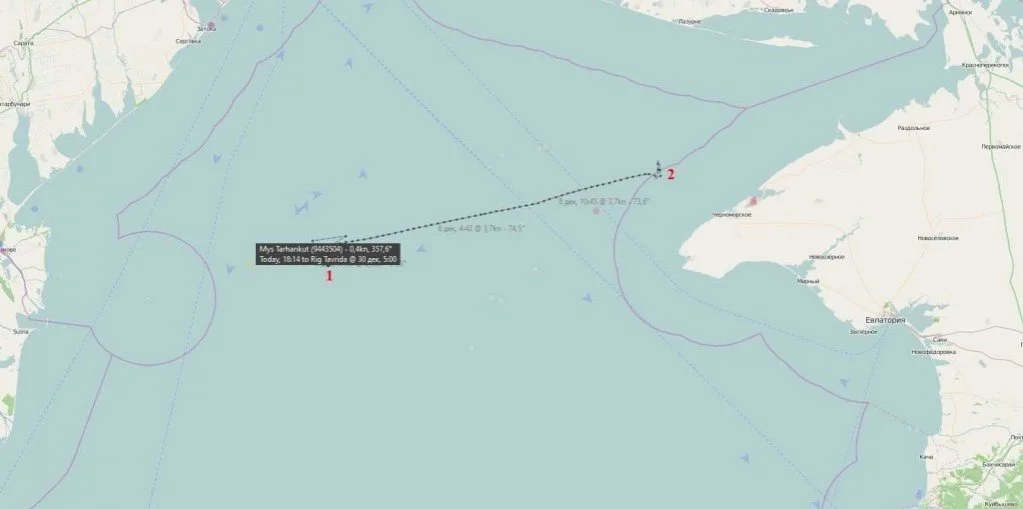 Трек буксира Мыс Тарханкут. Точка 1 - пункт отправки, точка 2- пункт назначения. Фото: informnapalm.org