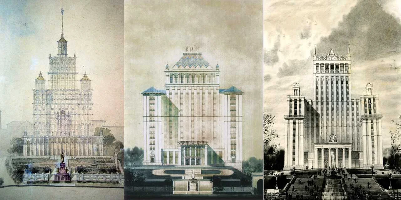 Варіанти проєктів нинішнього готелю Україна на Майдані Незалежності, 1949—1956 роки (Фото: Бібліотека імені Заболотного. Приватний архів Семена Широчина. Архів сім'ї архітектора Бориса Приймака, учасника кожного з проєктів)
