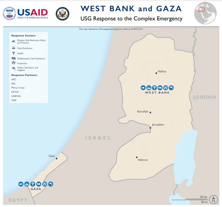 Мапа Західного берегу річки Йордан та сектору Гази з позначками гуманітарної допомоги, що надається в цих районах (Фото: USAID)