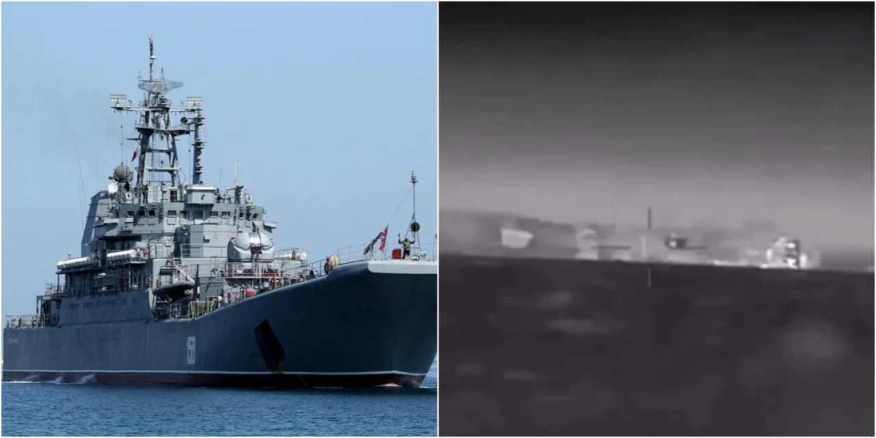 БДК Цезарь Куников до и после встречи с дронами Magura V5 (Фото: Mil.ru / ГУР)