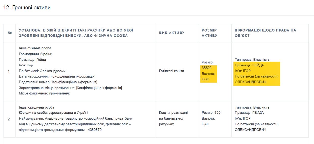 Декларація Ігоря Гейди за 2019 рік