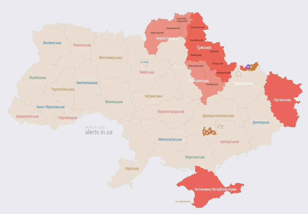 Карта воздушных тревог в Украине по состоянию на 03:42 24 сентября 2025 года (Фото: alerts.in.ua)