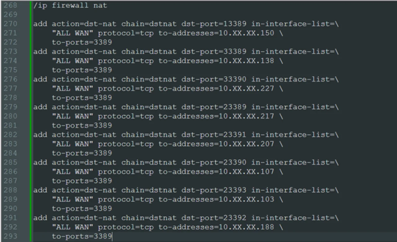 8 правил RDP dst-nat – без ограничений по IP источника